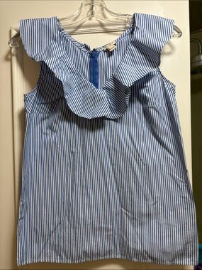 J. Crew Blue and White Striped Ruffle-Trim Tank
